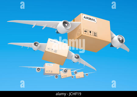 Air Mail Delivery Konzept. Pakete mit Flügeln fliegen in den Himmel, 3D-Rendering Stockfoto