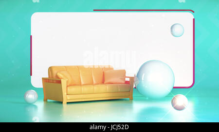 Blaues Zimmer mit gelben Sofa glänzend Whute Kugeln und weißer Bildschirm an der Wand. TV-Sendung Style Hintergrund. 3D-Illustration render Stockfoto