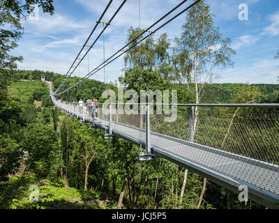 Rappbode Wasserreservoir, längste Hängebrücke weltweit (pro Juni 2017), 453 m offene Länge, namens Titan RT, Rappbode, Harz, Deutschland Stockfoto