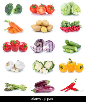 Sammlung von Gemüse Möhren Tomaten Gurken Paprika Salat pflanzliche Nahrung auf weißem Hintergrund Stockfoto