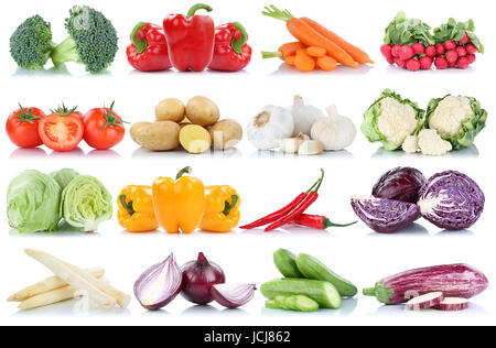 Gemüse Tomaten Salat Paprika Karotten Kartoffeln Zwiebel Sammlung isoliert auf weißem Hintergrund Stockfoto