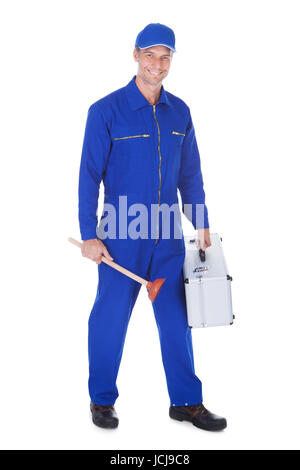 Happy Worker Holding Toolkit und Kolben Over White Background Stockfoto