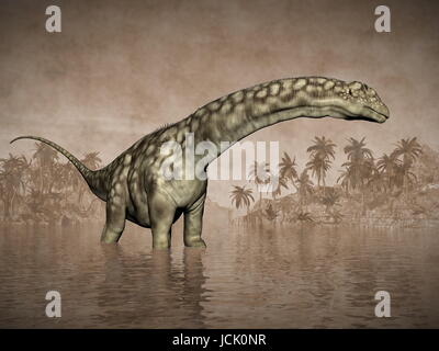 Argentinosaurus Dinosaurier im Wasser neben Inseln mit Palmen von schöner Tag - 3D render Stockfoto