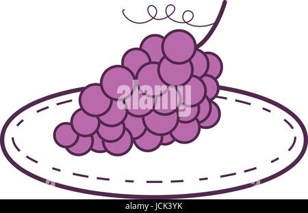 Mono-Linie Stil Darstellung der Weintraube auf einem Teller auf isolierten weißen Hintergrund gesetzt. Stock Vektor