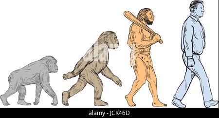 Zeichnung Skizze Stil Darstellung, die menschliche Evolution vom Primas Affen, Homo Habilis, Homo Erectus, moderne Mensch Homo sapiens zu Fuß angesehen Stock Vektor