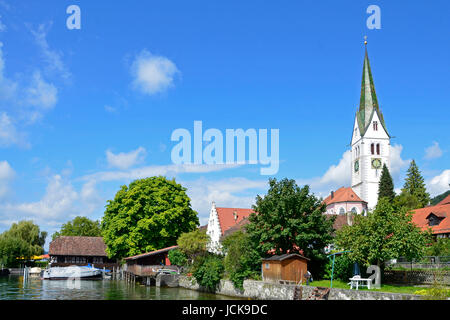 Bodenseeufer Mit Häuser Und Kirche, Sipplingen Stockfoto