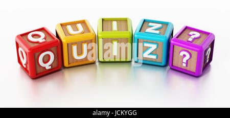 Quiz Würfel isoliert auf weißem Hintergrund. 3D Illustration. Stockfoto
