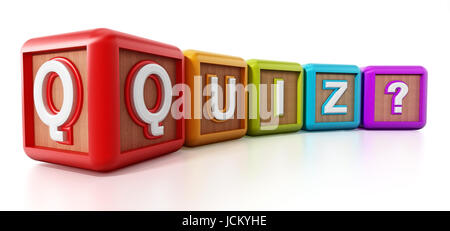 Quiz Würfel isoliert auf weißem Hintergrund. 3D Illustration. Stockfoto