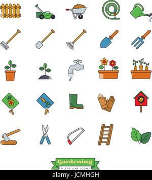 Sammlung von Gartenarbeit Vektor-Icons, gefüllte Umriss-Stil Stock Vektor