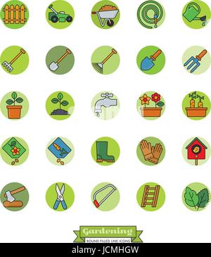 Sammlung von Gartenarbeit Vektor-Icons, gefüllte Umriss-Stil mit grünen Punkten Stock Vektor
