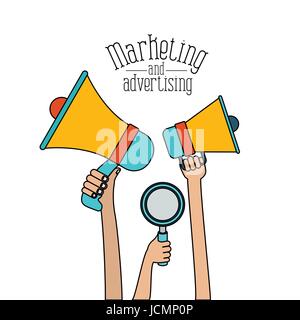 weißer Hintergrund setzen bunte Hände halten, Megaphone und Lupe Marketing und adversiting Stock Vektor