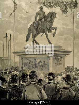 Juan Prim (1814-1870). Spanischer Politiker und Militär. Reiterstatue in der Zitadelle Park, Barcelona, im Jahre 1887 eingeweiht und im Jahre 1936 zerstört. Kupferstich von Vazquez. Stockfoto