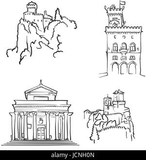San Marino berühmte Bauwerke, Monochrom beschriebenen Reisen Sehenswürdigkeiten, skalierbare Vektor-Illustration Stock Vektor