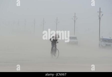 Allahabad, Uttar Pradesh, Indien. 16. Juni 2017. Ein indischer Radfahrer Fuß durch einen Sandsturm in der Sangam, dem Zusammenfluss von Ganges, Yamuna und mythischen Saraswati Flüsse in Allahabad. Bildnachweis: Prabhat Kumar Verma/ZUMA Draht/Alamy Live-Nachrichten Stockfoto