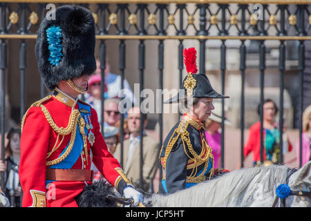 London, UK. 17. Juni 2017. Prinz William und Prinzessin Anne-Trooping die Farbe von der Irish Guards auf die Queen Geburtstag Parade. Die Königin Farbe ist vor ihrer Majestät der Königin und die königlichen Colonels "marschierten". Seine königliche Hoheit der Herzog von Cambridge nimmt der Oberst Beitrag zum ersten Mal auf Horse Guards Parade reitet sein Pferd Wellesley. Der Irish Guards von ihrem berühmten Wolfshund Maskottchen Domhnall heraus geleitet werden und mehr als eintausend Haushalt Abteilung Soldaten führen ihre zeremonielle Pflicht. Bildnachweis: Guy Bell/Alamy Live-Nachrichten Stockfoto