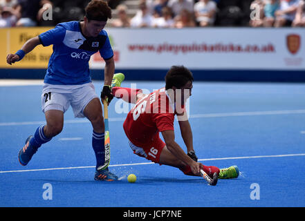 London, UK. 17. Juni 2017. LONDON-ENGLAND - 17. Juni 2017: Su Jun (CHN) versucht Gegner während der Held Hockey World League Halbfinale (Männer) CHN V KOR Lee Valley Hockey und Tennis-Center am Samstag zu blockieren. Foto: Taka G Wu Credit: Taka Wu/Alamy Live-Nachrichten Stockfoto