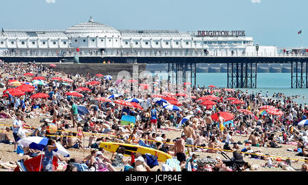 Brighton, UK. 17. Juni 2017. Brighton Beach ist gepackt, da die Südküste swelters in strahlendem Sonnenschein und hohen Temperaturen, die voraussichtlich über das Wochenende Kredit weiter: Simon Dack/Alamy Live News Stockfoto