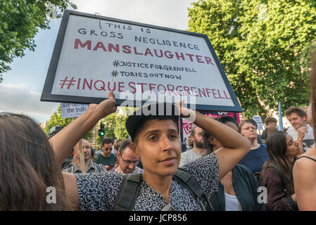 16. Juni 2017 - London, UK - London, UK. 16. Juni 2017. Demonstranten auf einer Laute Kundgebung vor den Toren von Downing St, Whitehall blockieren. Es gab Lautsprecher vom North Kensington Gemeinschaft, Gehäuse-Aktivisten, Bewohner aus anderen Hochhäusern, die SWP und Stand Up zum Rassismus. Sie forderten den Rücktritt von Theresa May und ihr Adjutant Gavin Barwell, als Gehäuse Minister gescheitert, die Änderungen in Vorschriften empfohlen, nachdem der vorherige London Tower Block Brandkatastrophe umzusetzen. Nach einer Kundgebung dort ließen sie um für weitere Proteste bei der BBC und anderswo zu marschieren. Peter Marshall Stockfoto