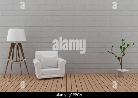 Einzelsofa mit Lampe im Mauerwerk und Holz Zimmer in 3D Bild rendern Stockfoto