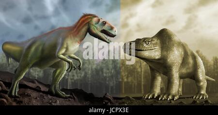 Megalosaurus ist Gattung ausgestorbener Fleisch fressenden Dinosaurier, Theropoden, vom mittleren Jura-Zeit in Eartha€™ s Geschichte, 166 Millionen Jahren. Es lebte in der nun südlichen England.die ersten Dinosaurier Fossil jemals gefunden, längst 1676, wahrscheinlich Fragment Oberschenkelknochen war, die Megalosaurus.This gehörte, Tier war mittlere Theropode, 6 bis 7 m lang mit einem Gewicht von etwa einer Tonne. Diese Abbildung rechts zeigt Tier, wie es ursprünglich vorgestellt wurde, im 19. Jahrhundert zu erscheinen. Das Bild ist auf der Grundlage berühmten Statuen Tier im Londoner Crystal Palace Park. Stockfoto