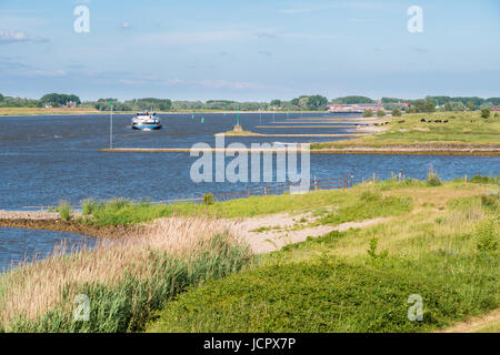 Im Inland versenden oder Kahn Segeln stromaufwärts entlang Vorlanden und Buhnen der Fluss Waal in der Nähe von Zuilichem, Bommelerwaard, Gelderland, Niederlande Stockfoto