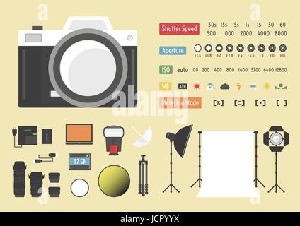 Kamera-Infografik, Hybrid-Fotografie, Studio-Kit, Sonstiges Zubehör Stock Vektor