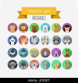 Satz von flachen Stil Vektor Avatare von verschiedenen Tieren Stock Vektor