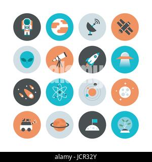 Satz von Astronomie flache Icon, flachen Stil, isoliert auf weißem Hintergrund Stock Vektor