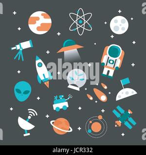 Satz von Astronomie flache Icon, flachen Stil, isoliert auf weißem Hintergrund Stock Vektor