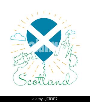 Symbol und Logo für Reisen nach Schottland, in Form von einem Luftballon mit der Flagge von Schottland und Showplace, Architektur in den Linienstil Stock Vektor