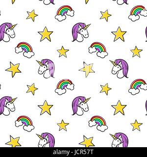 Nahtlose Vektormuster von modischen Patches: Einhorn und Sterne. Moderne Doodle Pop-Art Skizze Pins und Abzeichen. Handgezeichnete nett und lustig Mode stic Stock Vektor