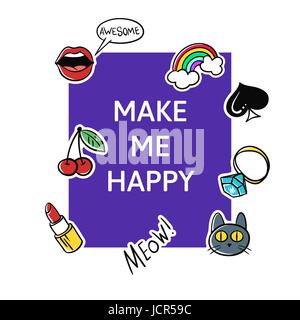 Vektor-Illustration der Slogan "Make me happy" mit Mode Patches und Pins. T-Shirt Druck. Stock Vektor