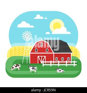 Vektor-flacher Stil Illustration Bauernhof mit Kühen. Isoliert auf weißem Hintergrund. Stock Vektor