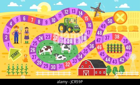 Flache Vektorgrafik Kinder Bauernhof Brettspiel Vorlage. Für den Druck. Stock Vektor