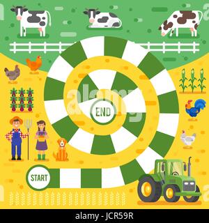 Flache Vektorgrafik Kinder Bauernhof Brettspiel Vorlage. Für den Druck. Stock Vektor