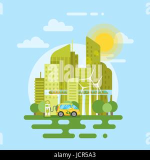 Flache Vektorgrafik von Elektro-Auto in der Stadt. Umweltfreundliche Verkehrsmittel. Symbol für das Web. Stock Vektor