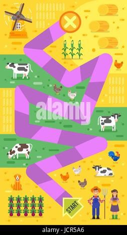 Flache Vektorgrafik Kinder Bauernhof Brettspiel Vorlage. Für den Druck. Stock Vektor