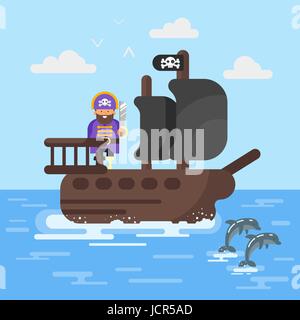 Vektor-Illustration der flachen Stil der Piratenschiff mit Delfinen. Symbol für das Web. Stock Vektor