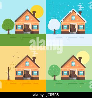Vektor-Illustration der flachen Stil der Häuser in den verschiedenen Jahreszeiten: Winter, Frühling, Sommer, Herbst. Symbol für das Web. Stock Vektor