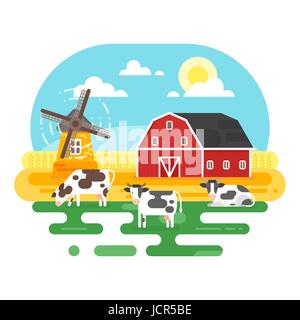 Vektor-flacher Stil Illustration Bauernhof mit Kühen. Isoliert auf weißem Hintergrund. Stock Vektor