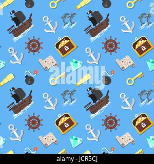 Flache nahtlose Vektormuster mit Piratenschiff, Schatztruhe, Karte und Schlüssel. Isoliert auf blauem Hintergrund. Stock Vektor