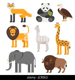 Vektor-flachen Stil-Set von Tieren. Löwe, Elefant, Panda, Fuchs. Symbol für das Web. Isoliert auf weißem Hintergrund. Stock Vektor