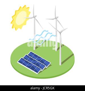 Isometrischen 3d Vektor-Illustration der Windmühle und Sonnenkollektoren. Alternative Energien. Symbol für das Web. Isoliert auf weißem Hintergrund. Stock Vektor