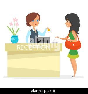 Vektor-Cartoon-Stil-Illustration der Rezeption des Hotels. Schöne Frau verleiht dem Gast einen Schlüssel. Isoliert auf weißem Hintergrund. Stock Vektor