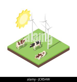 Isometrischen 3d Vektor-Illustration der Windmühle und Kühe. Alternative Energien. Symbol für das Web. Isoliert auf weißem Hintergrund. Stock Vektor