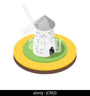 Isometrischen 3d Vektor-Illustration der Windmühle im Weizenfeld. Symbol für das Web. Isoliert auf weißem Hintergrund. Stock Vektor