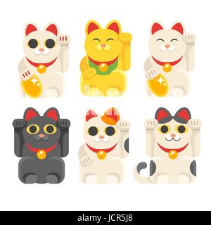 Vektor flachen Stil der japanischen glücklichen Katze Maneki Neko Set. Symbol für das Web. Isoliert auf weißem Hintergrund. Stock Vektor