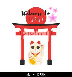 Vektorgrafik flachen Stil der japanischen traditionellen Tor mit glücklichen Katze Maneki Neko. Symbol für das Web. Isoliert auf weißem Hintergrund. Stock Vektor