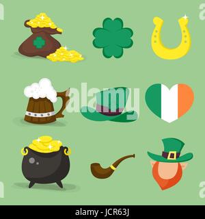 Satz von Vektor-Icons für St. Patrick es Tag Design. Vierblättriges Kleeblatt, goldene hufeisenförmige, Herzen Flagge Irlands, Kobold. Stock Vektor