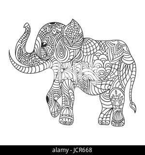 Vektor monochrome handgezeichneten Zentagle Abbildung eines Elefanten. Malvorlagen mit hohen Details isoliert auf weißem Hintergrund. Boho-Stil. Stock Vektor